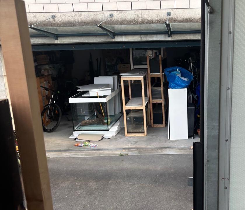 Aquarienbecken und Gestelle in einer Garage